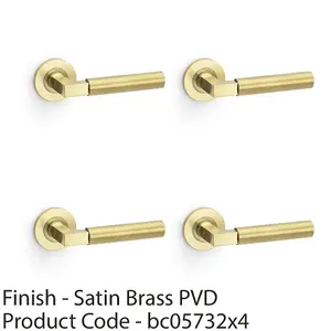 4 PACK - SOLID BRASS Smooth Door Handle Set - Satin Brass Angled Lever on Round Rose