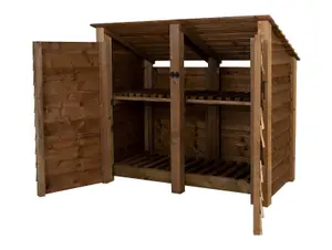 Wooden log store (roof sloping back) with door and kindling shelf W-146cm, H-126cm, D-88cm - brown finish