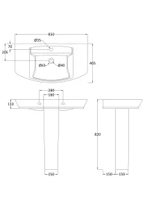 Spirit Ceramic Square Basin & Full Pedestal (Tap Not Included), 850mm - Balterley