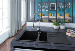 Liquida LP15BL 1.5 Bowl Composite Reversible Inset Black Kitchen Sink With Waste