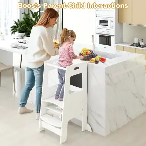 COSTWAY Kids Step Stool Baby Kitchen Helper with Chalkboard & Adjustable Step