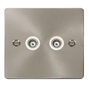 Flat Plate Satin / Brushed Chrome Twin Isolated Coaxial Socket - White Trim - SE Home