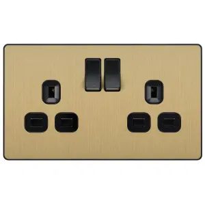 British General Brass effect Double 13A Gold Switched socket & Black inserts