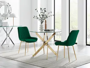 Furniturebox UK Novara 100cm Round Gold Leg Dining Table & 2 Green Pesaro Gold Leg Chairs