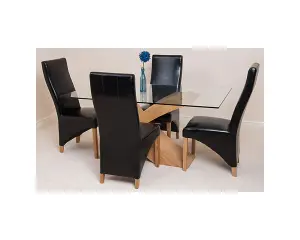 Valencia 160 cm x 90 cm Glass Dining Table and 4 Chairs Dining Set with Lola Black Leather Chairs