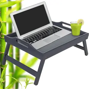 Bamboo Bed Tray Table With Handles & Foldable Legs, Multipurpose Lap Tray, Grey