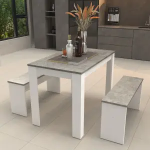 Dining Table with 2 benches Dining Table Set for Kitchen, Dining Room, Small Space Artificial Marble (Grey and White)