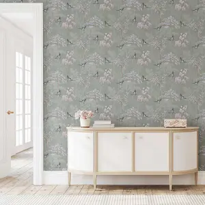 Japanese Oriental Garden Inspired Wallpaper Sage Green World of Wallpaper 946102