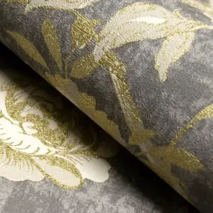 Paul Moneypenny Glistening Gold Paradise Birds Trail Charcoal Textured Wallpaper for Grandeco