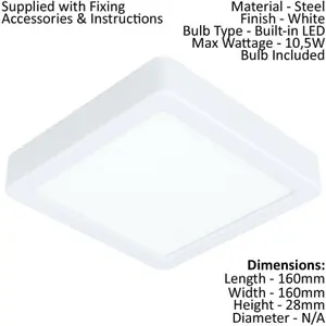 2 PACK Wall / Ceiling Light White 160mm Sqaure Surface Mounted 10.5W LED 3000K