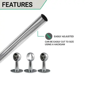 EAI - Hanging Wardobe Rail Kit - 25mm Tube - 1219mm Rail with 2x End Brackets & 1x Centre Brackets - Polished Chrome