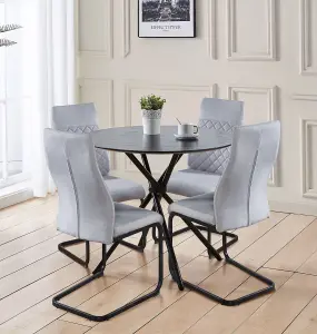 Hallowood Furniture Cullompton Small Round Black Dining Table (90cm) with 4 Light Grey High Back Chairs