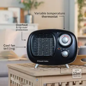 Russell Hobbs Fan Heater 1500W Portable Electric Retro Black Ceramic Heater RHRETPTC2001B