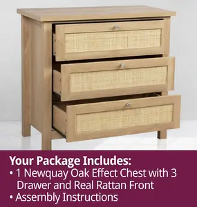 Hallowood Furniture Newquay Oak Effect Chest with 3 Drawer and Real Rattan Front