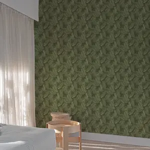 Grandeco  Floating Leaf Feather Textured Wallpaper,  Green