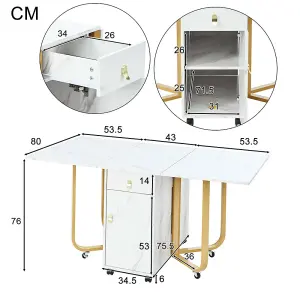 Folding Dining Table with Cupboard and 2 Drawers,  Space-saving Dining Table with 4 Supporting Legs on Gliders, White/Gold