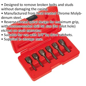 6 Piece Screw Extractor Set - 3/8" Sq Drive - Reverse Spiral Design - Chromoly