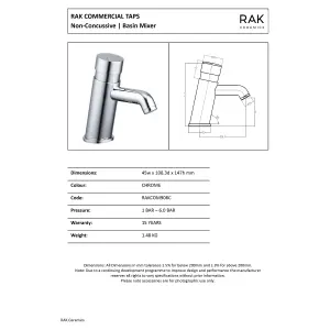 RAK Commercial Non Concussive Polished Chrome Modern Basin Sink Mixer Tap Solid Brass