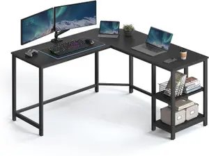 VASAGLE L-Shaped Workstation Desk, Corner Computer Desk, Gaming Table with Dual Storage Shelves, Black with Wood Grain