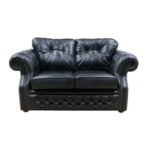 Chesterfield 2 Seater Old English Black Real Leather Sofa Bespoke In Era Style