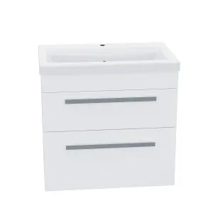 Nes Home Nanuya 600mm Gloss White Wall Hung 2 Drawer Vanity Cabinet & Ceramic Basin Sink