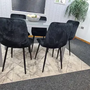 Grey Dining Table and 4 Black Velvet Chairs Kitchen Dining Set of 4 Glass Table