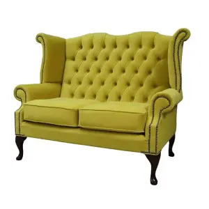 Chesterfield 2 Seater High Back Sofa Amalfi Buttercup Yellow Velvet Fabric In Queen Anne Style