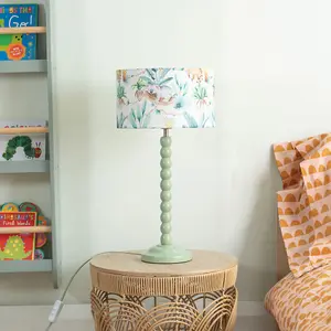 Sage Green Bobbin Stem Table Lamp with Tropical Drum Shade for Living Room Bedroom