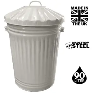 Cream Metal Bin Retro Galvanised Dustbin Vintage Style Steel Bin - 90L