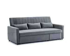 Devon 3 Seater Storage Chaise Pull Out Fabric Grey Velvet Sofa bed