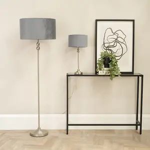 ValueLights Maggie Brushed Chrome Candlestick Slim Table Lamp with Grey Velvet Drum Lamp Shade