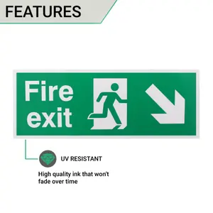 EAI - Fire Exit Sign Arrow Man Down Right 400x150mm Self Adh Semi Rigid PVC