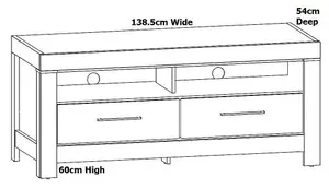 TV Unit Cabinet Media Storage LED Light 2 Soft Close Drawers Oak Effect Gent