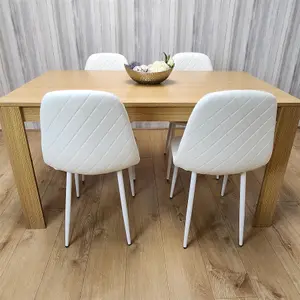 Wooden Dining Table with 4 white Gem Patterned Chairs Oak Effect Table with white Chairs