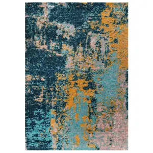 Blue Ochre Bold Distressed Abstract Shaggy Living Area Rug 160x230cm