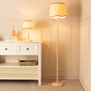 ValueLights Triston Natural Light Wood Stem Table Lamp with Scallop Rust Trim Tapered Lamp Shade and LED Bulb