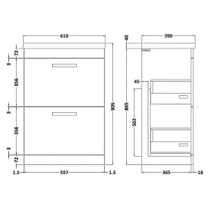 Dezine Serene 600mm Gloss White Floor Standing 2 Drawer Vanity Unit, with Basin