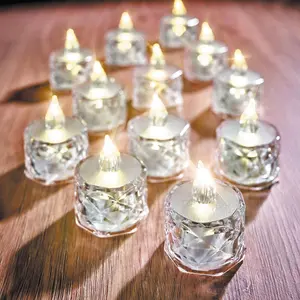 Set of 12 Clear Faceted LED Tealights - Battery Powered Faux Light Up Flame-Free Candle Lights Home Decoration - Each H5 x 3.8cm