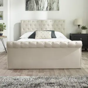 Chesterfield Ottoman Storage Bed in Natural Linen, size Small Double