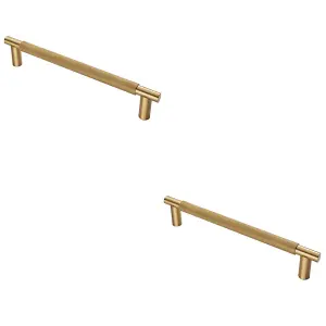 2 PACK - Luxury T Bar Knurled Pull Handle - 450mm Satin Brass - Kitchen Door Cabinet