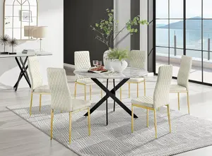 Furniturebox UK Novara White Marble Black Leg 120cm Round Dining Table & 6 Cream Velvet Milan Gold Leg Chairs