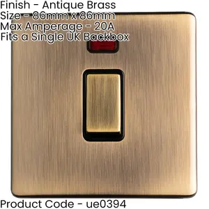 1 Gang Single SCREWLESS 20A Switch & Neon ANTIQUE BRASS & BLACK 3mm Slim Plate