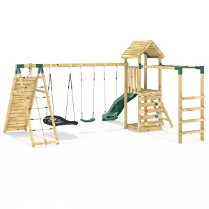 Rebo Wooden Climbing Frame with Swings, Slide, Up & over Climbing wall and Monkey Bars - Pyrennes