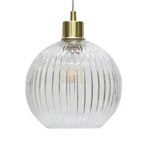 First Choice Lighting Set of 2 Betchley Clear Ribbed Glass Globe with Satin Brass Pendant Fittings