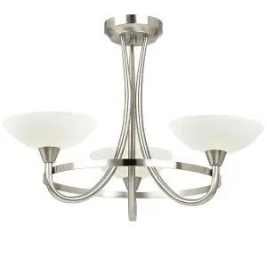 Semi Flush Ceiling Light Satin Chrome & White 3 Bulb Hanging Pendant Lamp Shade