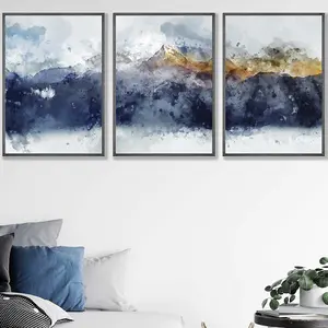 Set of 3 Abstract Navy Blue and Yellow Mountains Wall Art Prints / 50x70cm / Dark Grey Frame