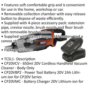 20V Cordless Handheld Vacuum Cleaner Kit - 650ml Drum - Battery & Charger - Bag