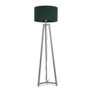 ValueLights Lottie Grey Wood Tripod Floor Lamp with Forest Green Drum Shade - LED Bulb Included