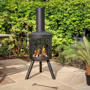 Black Maxima Chimenea - Metal Outdoor Garden Patio Log Wood Burner Fire Pit with Mesh Sides & 360 Flame View - H125 x 40cm