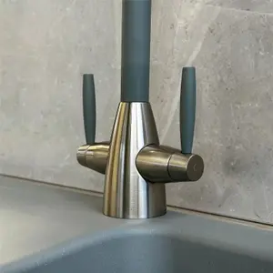 Liquida LB01GR Swan Neck Twin Lever Brushed Steel and Grey Kitchen Tap